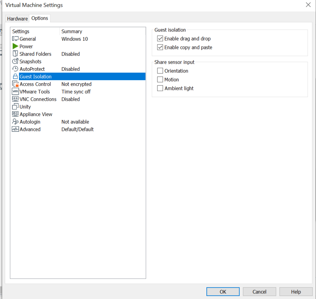 vmware setting in client system